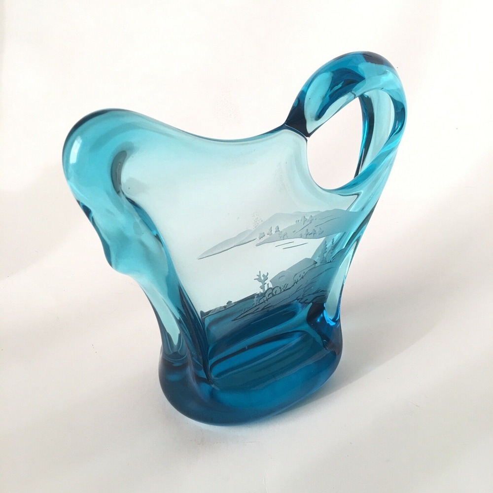 Blue Art Glass Etched Outdoor Scenery Stunning Unknown Artist - Picture 12 of 16